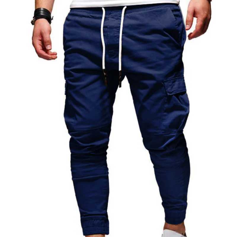 Mens autumn and winter new mid waist elastic pencil pants with drawstring and casual pocket splicing Versatile TrouserW240725
