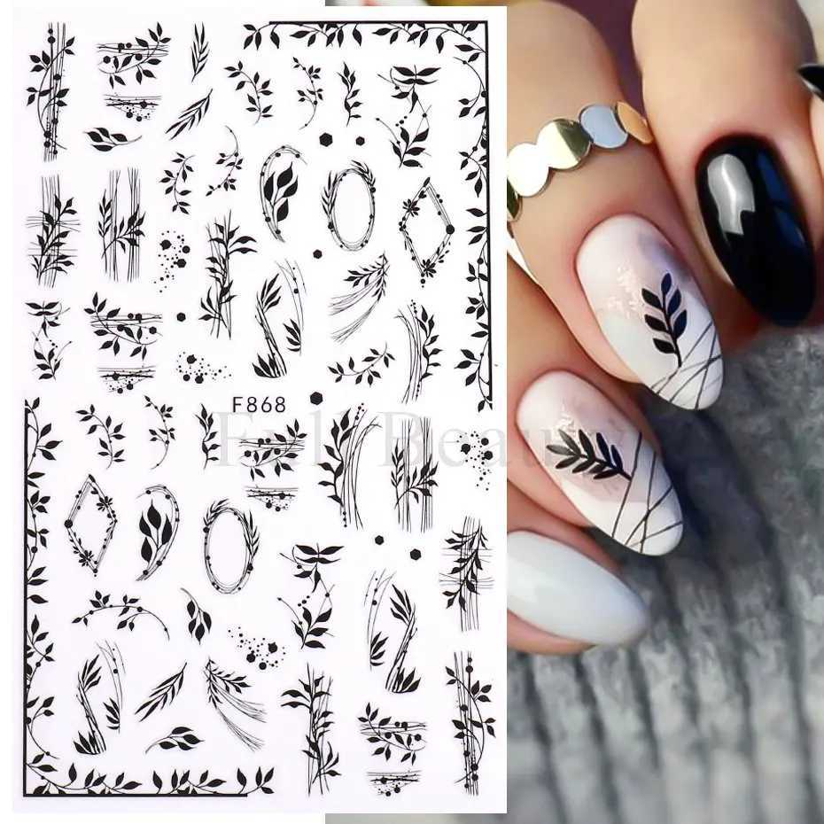 1PC Black Leaf 3D Adhesive Sticker For Nail Geometric Lines Spring Flower Leaves Butterfly Nail Decor Decal Manicure AccessoriesXJ240814