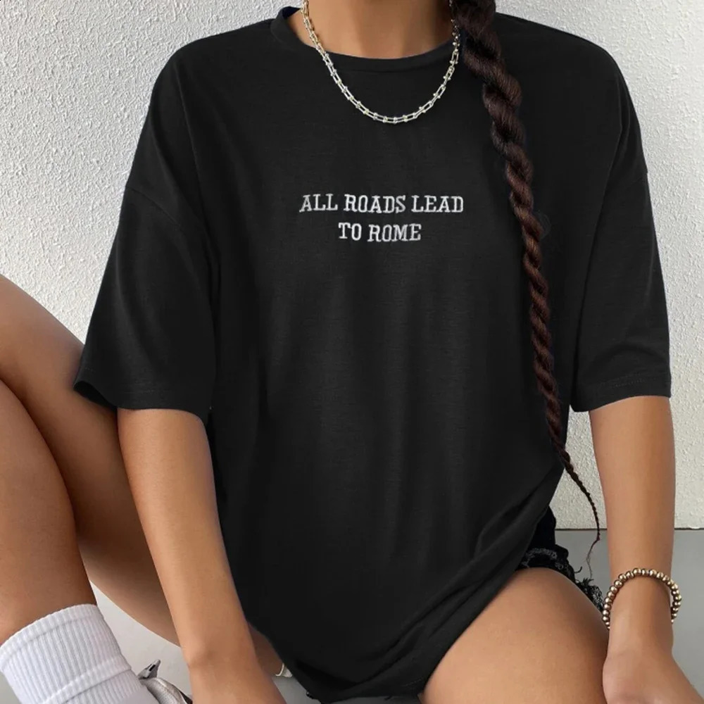 All Roads leads the way in Roman simple printed womens short sleeved street fashion tops oversized casual clothing and all math Tshirts 240814