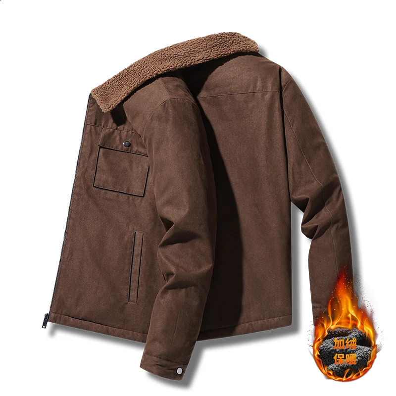 Autumn Winter Men Jackets Suede Warm Fleece Thick Casual Turn Down Collar Windbreaker Zipper Cargo Jacket Coats Male Solid Parka 240814