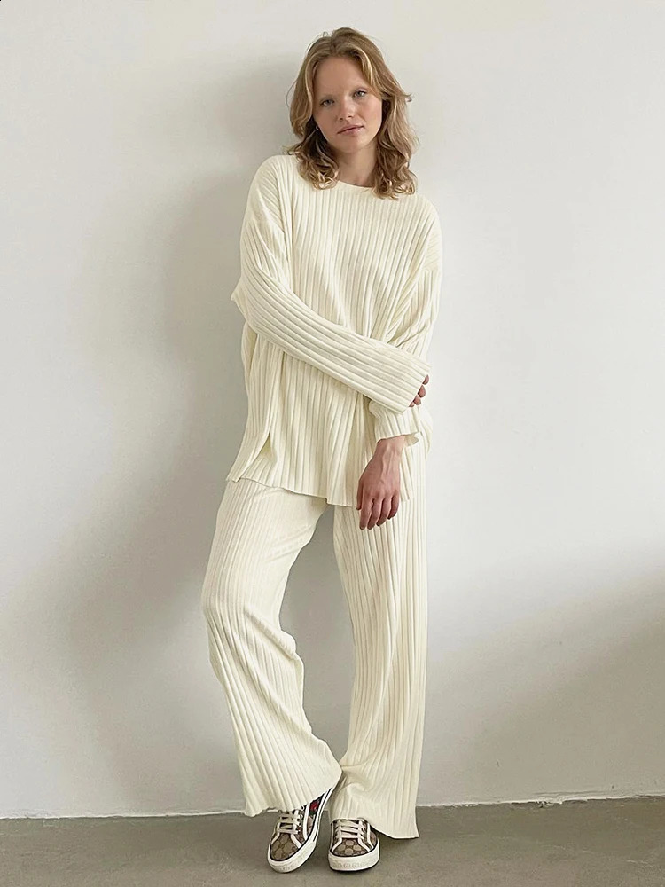 Hiloc Apricot Knitted Pajamas For Women 2 Piece Sets Ribbed Long Sleeve O Neck Sleepwear Female Loose Trouser Suits Winter 2024 240814