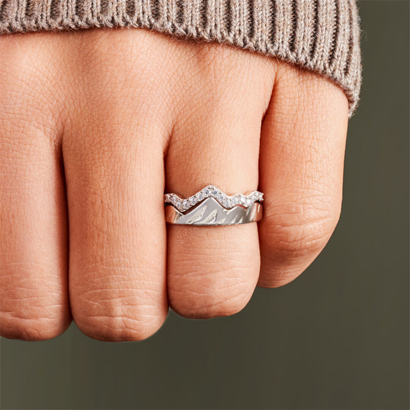 Love ring copper inlaid zircon personality peak design water wave ring Europe and the United States fashion couple set ring
