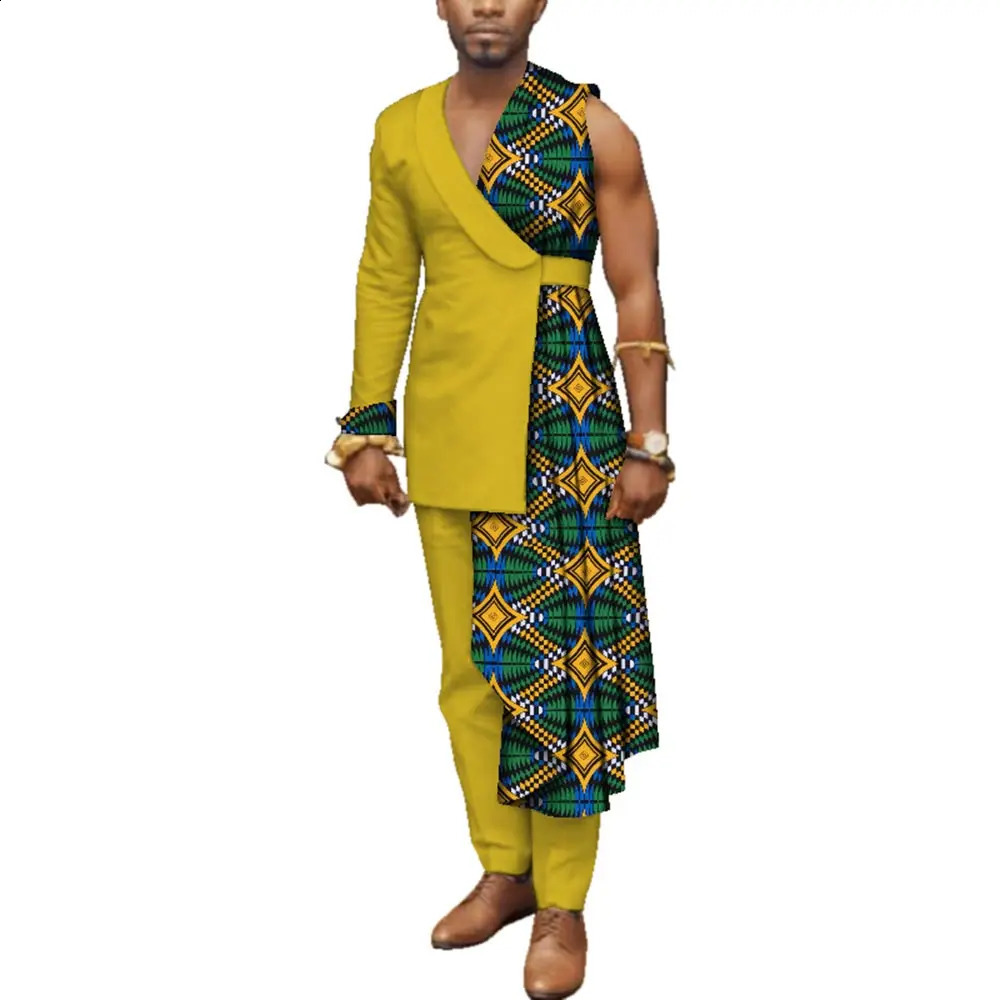 Men Bazin Riche Patchwork One-Shoulder Top and Pants Cotton 2 Pieces Pants Sets Special Custom Mens African Clothing WYN497 240814