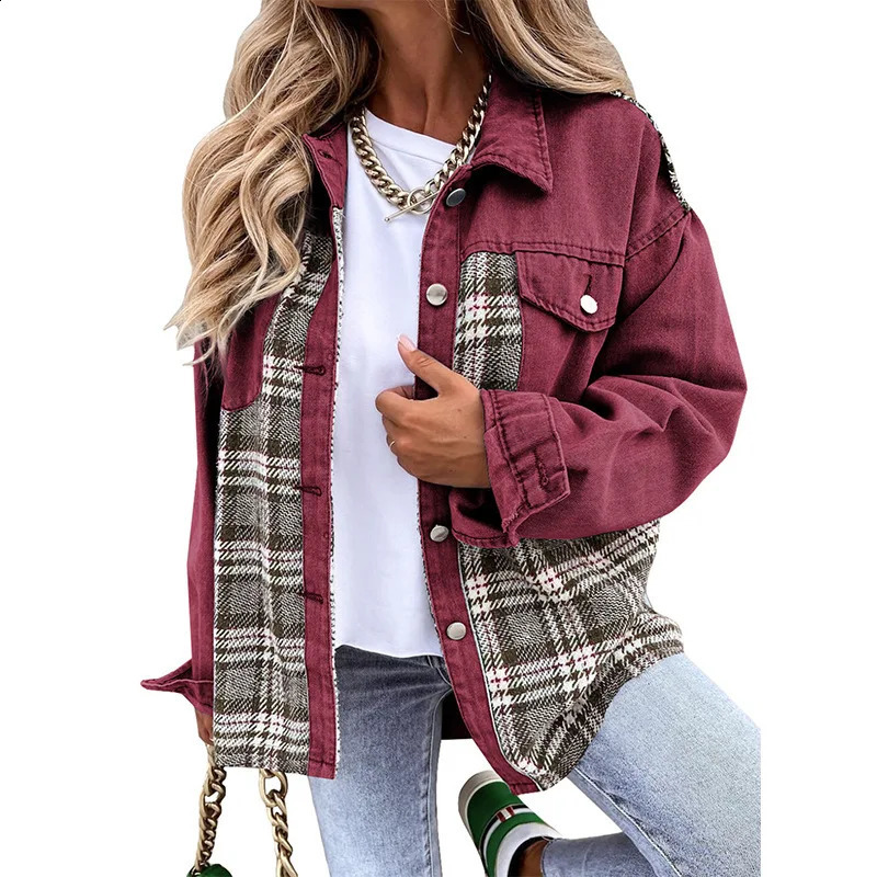 Women Turn-down Collar Button Coat Spring Autumn Irregular Tops Outwear Mujer Vintage Fashion Plaid Print Patchwork Denim Jacket 240814