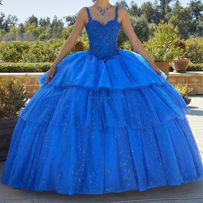 Royal Blue Princess Quinceanera Dresses Ball Gown 2025 Off Shoulder Beaded Crystals Tiered Tull Sweet 16 Prom Party Gown Lace-Up
