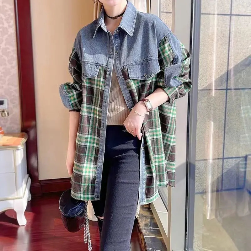 Spring Autumn Vintage Plaid Denim Jackets Womens Clothing Casual Turn-down Collar Stylish Patchwork Single-breasted Loose Coats 240814