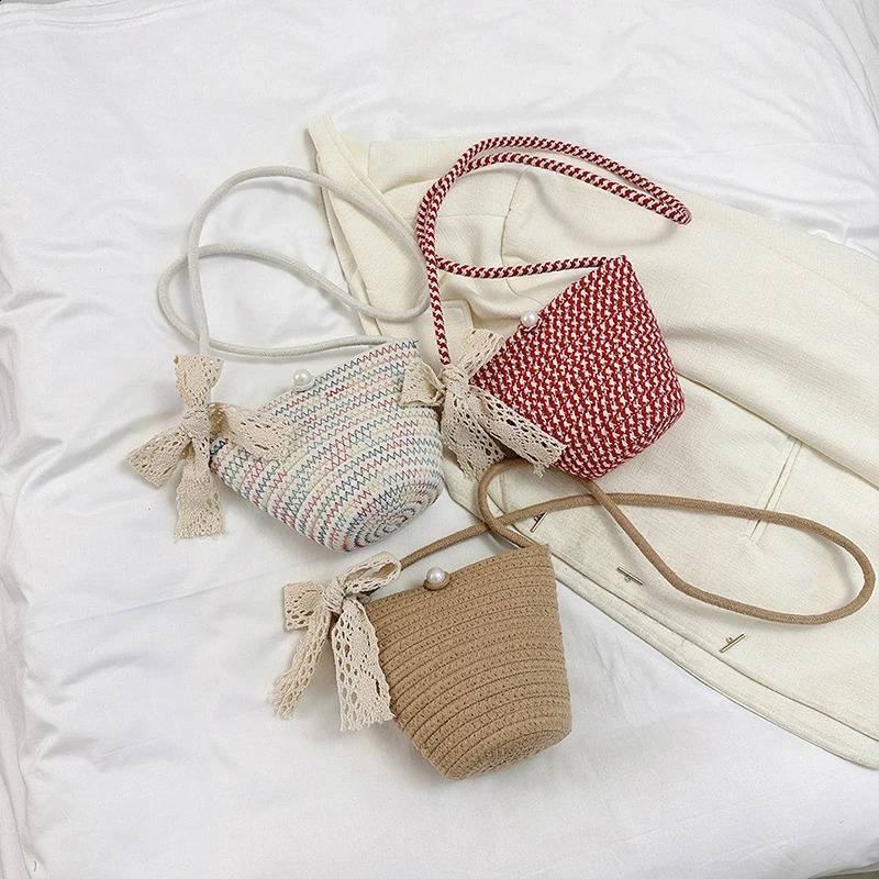 Womens Cotton Woven Bag Summer Trendy Portable Beach Bucket Crossbody Knitted Shoulder for Travel 240814