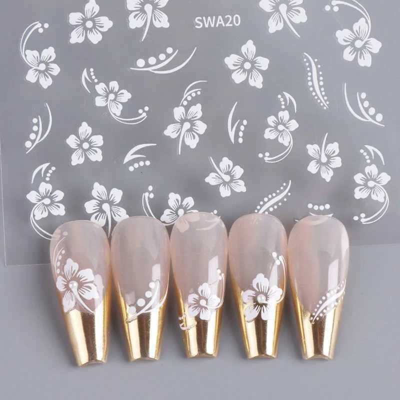 5D Hibiscus Flower Nail Embossed Sticker Acrylic Pink White Gold Petal Leaf Adhesive Decal Butterfly Dragon Floral Elegant DecorXJ240814