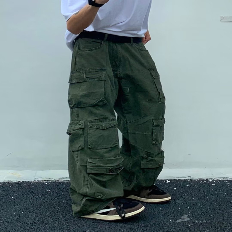 Spring Cargo pants Rice White Multi-pockets Overalls Harajuku stays Men Loose Casual Trousers Straight Mopping Pants 240814