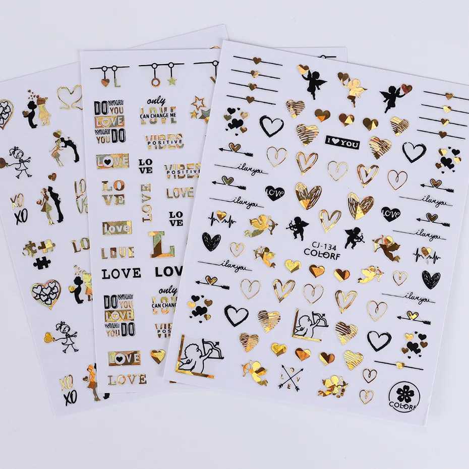 1PCS Black Gold Love Heart Letters 3D Nail Stickers Valentines Day Nail Art Decoration Cartoon Bear Cupid Stickers For NailsXJ240814