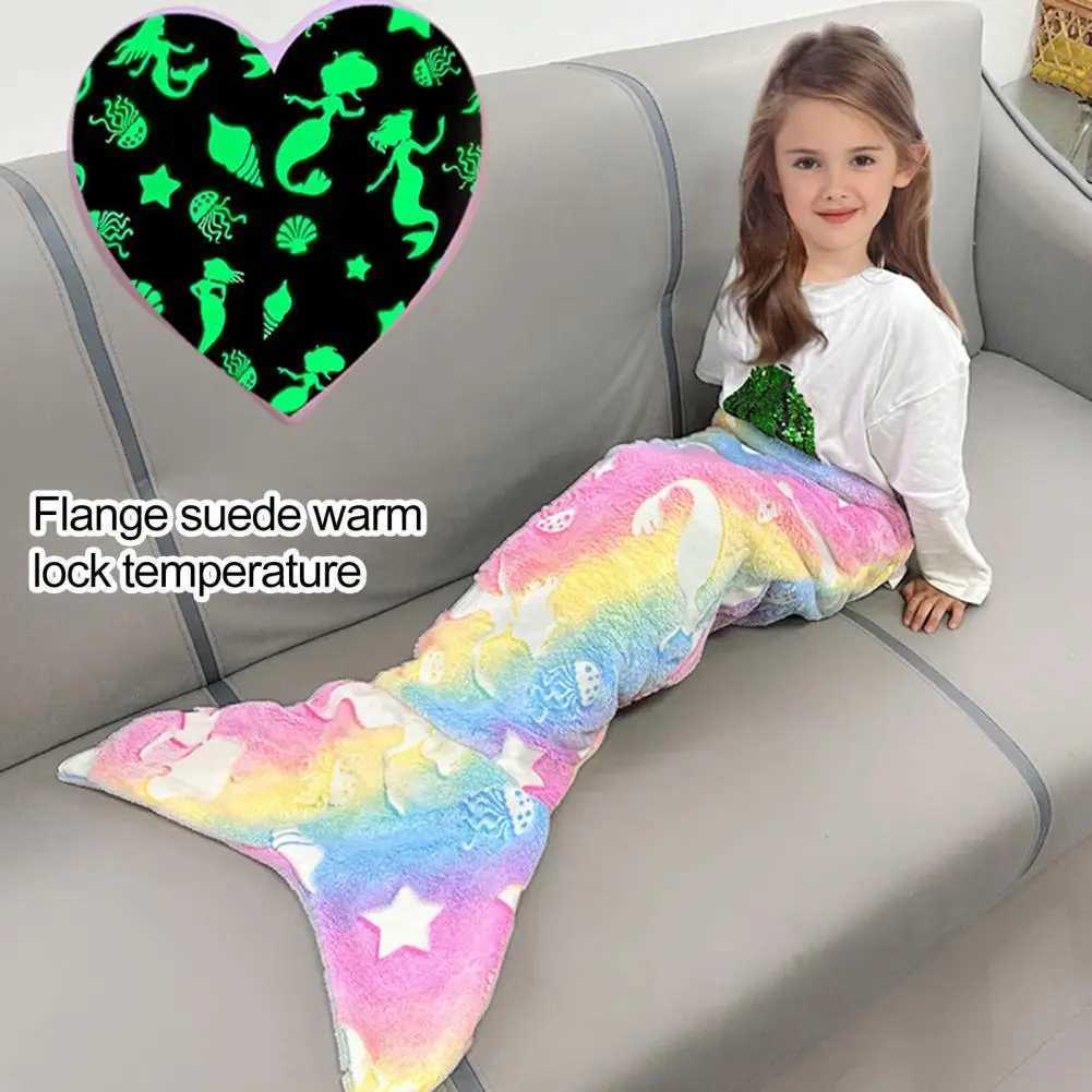 Kids Mermaid Tail Blanket Glowing Dark Blanket Mermaid Tail Blanket Skin-friendly Wear-resistant Plush Flannel Fleece for A Y240815
