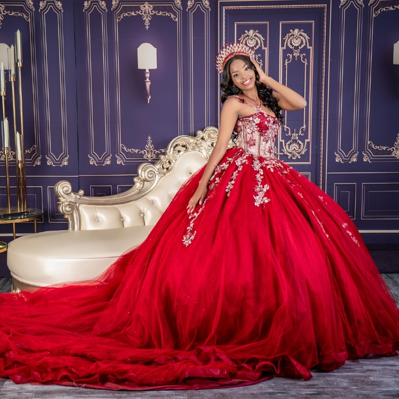 Red Quinceanera Dress Ball Gown Off The Shoulder Applique Lace Beading Crystals Tull Corset Sweet 16 Vestido De 15 Anos