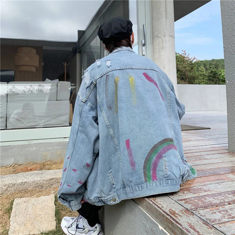 Pierced denim jacket mens Korean version chaopai high street splash couples coat spring and autumn loose fashion versatile top 240814