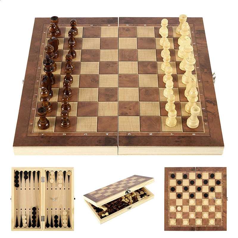 International Chess 3-in-1 Wooden Chess Set Toy Educational Brain Training Folding Board Game for ren High-end Gift 240813