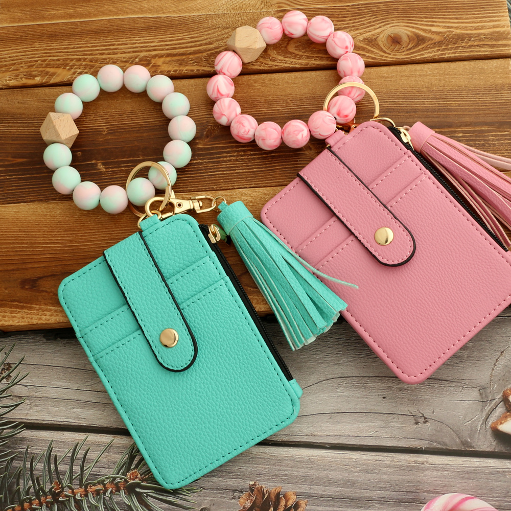 Fashion PU Leather Business ID Card Credit Holder With Silicone Beads Bracelet Keychain Lady Wallet Purse Card Holder Keychains Multifunctional Wallet