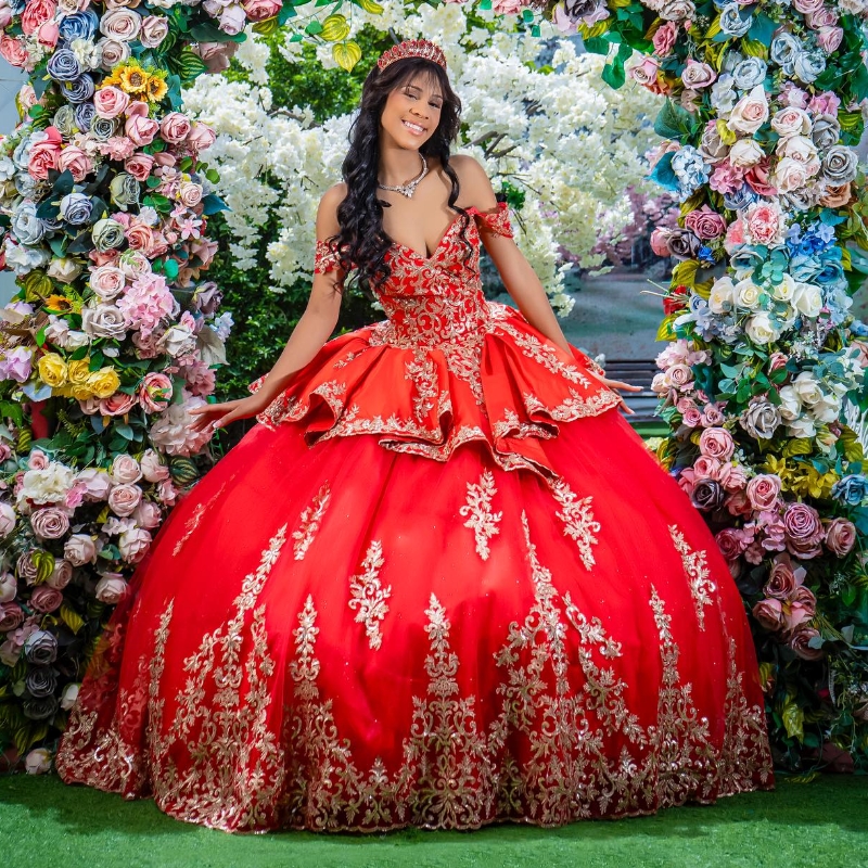 Red Shiny Quinceanera Dress Ball Gown Off The Shoulder Gold Lace Applique Tull Corset Sweet 16 Vestidos De 15 Anos