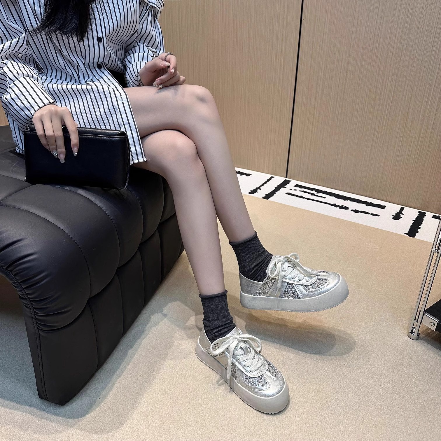 Women shoes Fashion Breathable Thick Sole Casual Shoes Lace Up Silver Free shipping