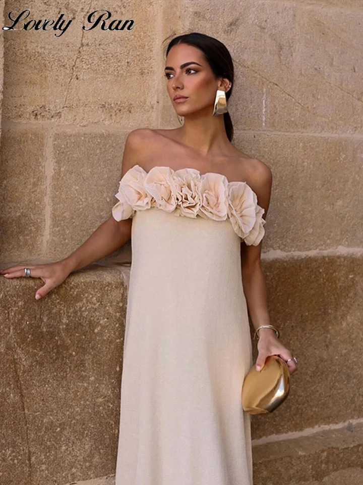 Sexy 3D Flower Cold Shoulder Party Dress Women Elegant Knit Backless Loose Female Dresses 2024 Fashion Summer Empire Lady Robe 240814