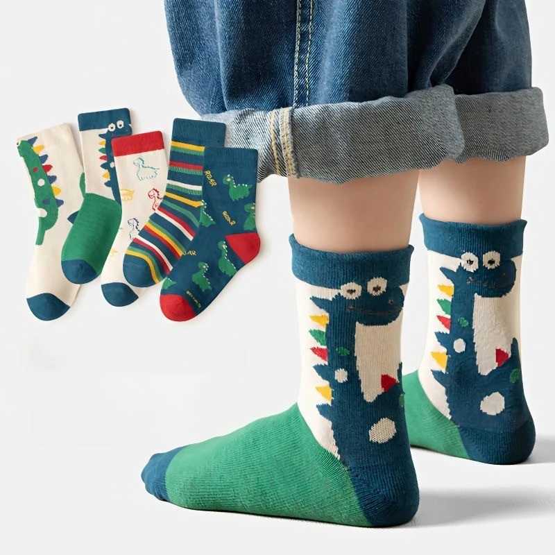 5 pairs/batch of girls childrens socks cotton cute outdoor travel sports socks animal dinosaur socks Kaosu sportswear accessories W240814