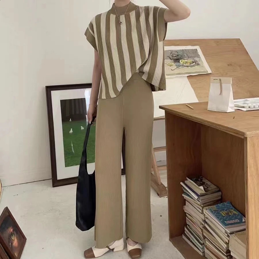 Women Sweater Pant Set Casual Pullovers Suits Autumn Winter Knitted Loose Long Sleeve Striped Elegance Tops Elastic Sweaterpants y240829 - view 5
