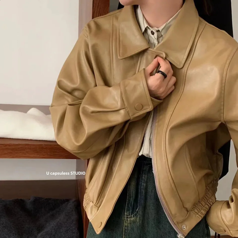 Vintagepuleather Jacket Loose-fit Petite Zipper-cropped Motorcycle Jacket Autumn Korean Style Leather Clothing For Men Women 240814