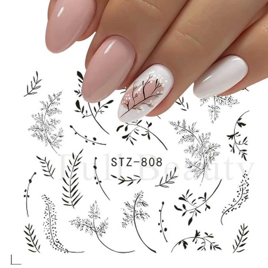 4 PC/Sheet Spring Black Leaf Flower Water Decals Simple Nail Decor Sticker Butterfly Green Palm Design Nail Art Watermark LAI-24XJ240814
