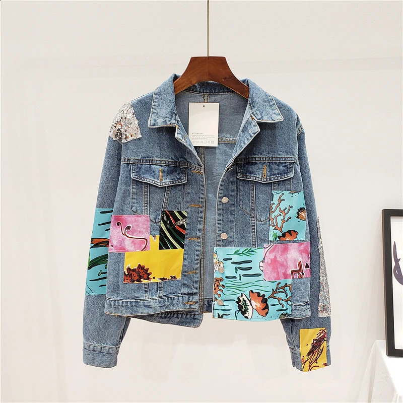 Autumn Women Denim Jacket Sequins Overcoat Patchwork Cartoon Jeans Jacket Casual Female Loose Coat Jeans Jacket Women 240814