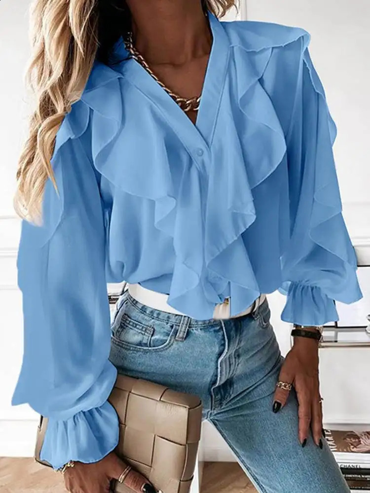 Celmia casual summer top elegant blonde party Blusas womens pleated edge fashionable sexy Vneck long sleeved button up shirt 240814