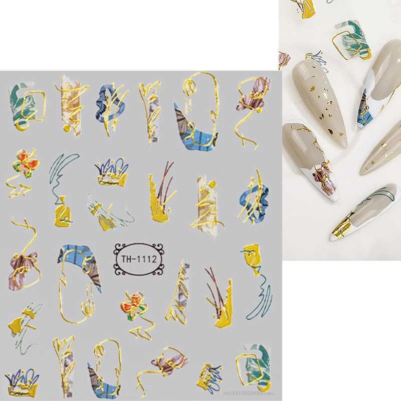 3D Nail Art Stickers Golden Wave Line Marble Blue Geometry Abstract Flowers Nail Art Sliders Decals Foils Manicure DecorationsXJ240814