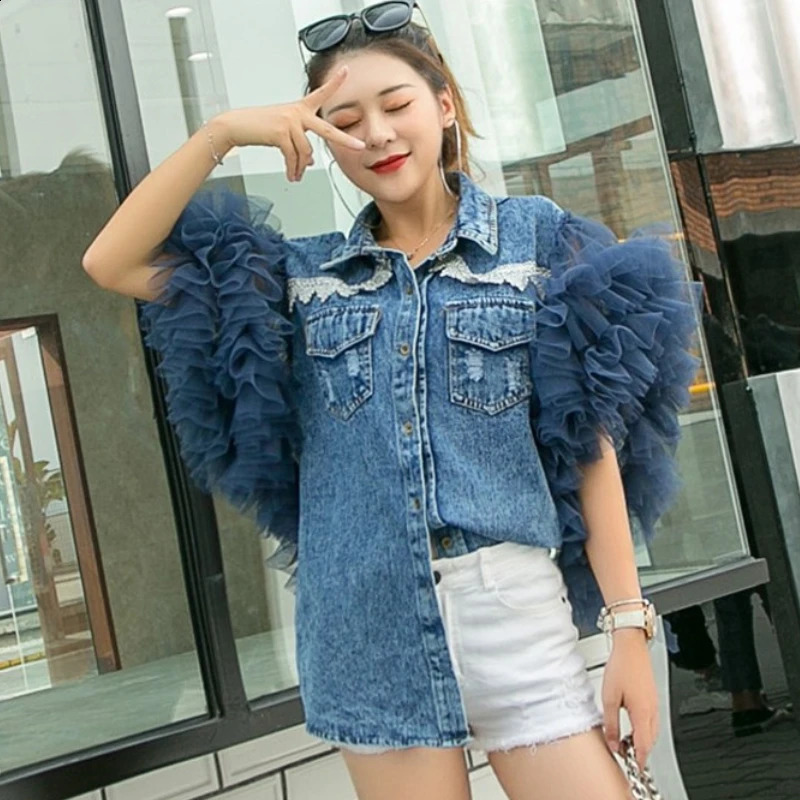 Women Summer Lace Ruffled Denim Waistcoat Jacket Short Sleeve Mesh Pleated Patchwork Lotus Jeans Vest Cowboy Tank Coat Cardigan 240814