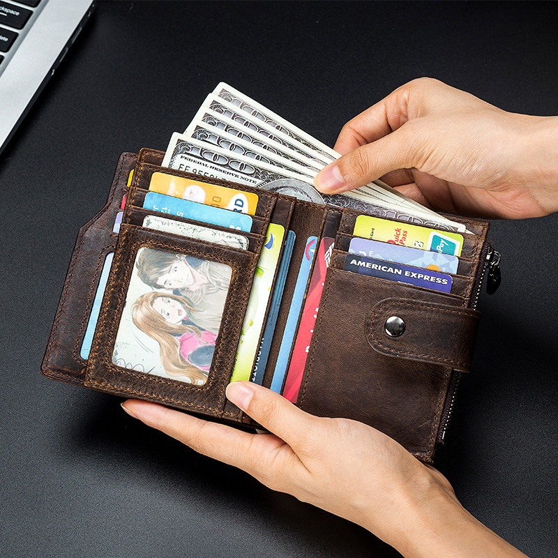 The first layer of cowhide RFID anti-theft brush leather wallet Europe and the United States retro men's short vertical money clip wholesale