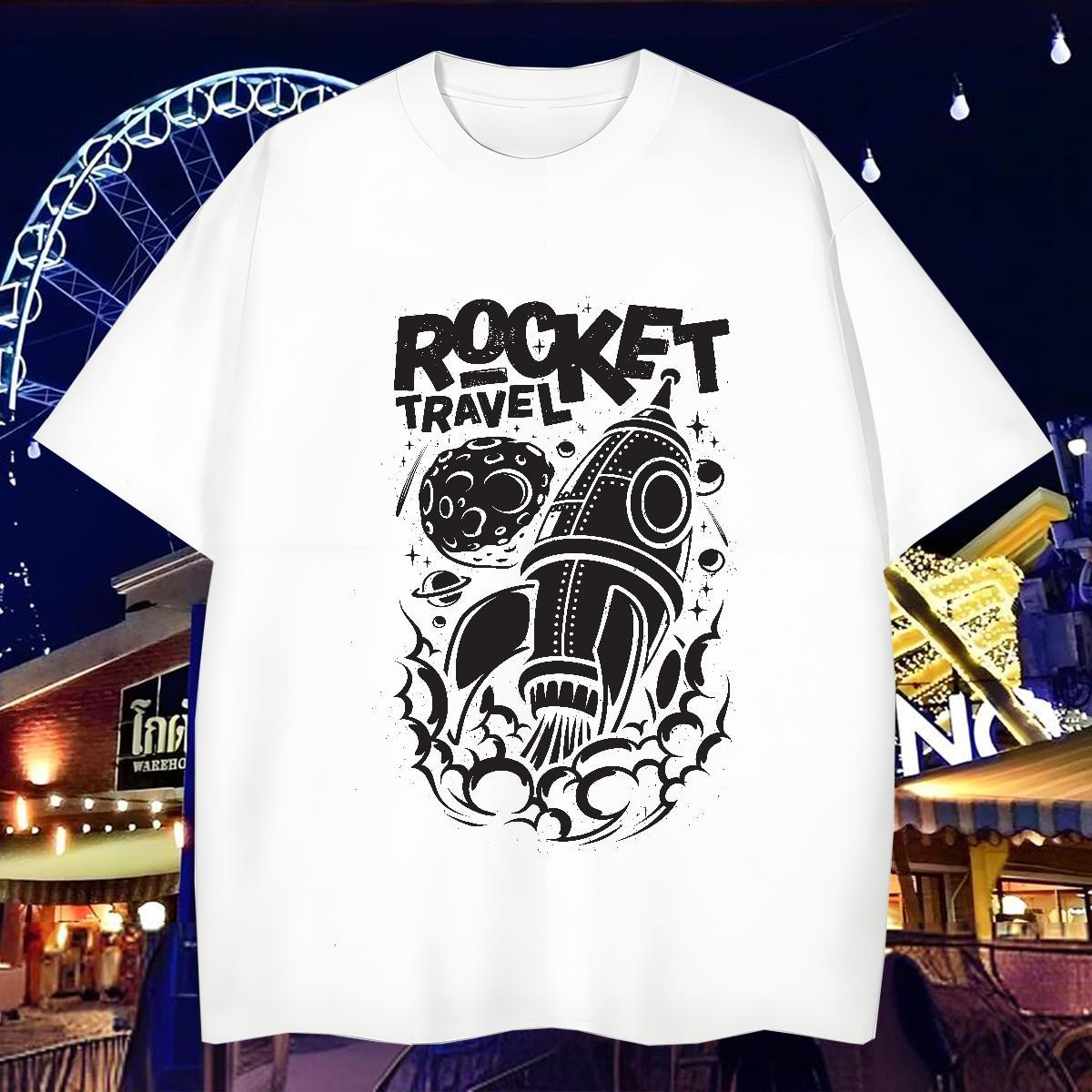 T-Shirts for Men 230g 100% Cotton rocket Beach Breathable Short Sleeve Asian Size Tshirt for Man Woman New Designer High Quality Tops