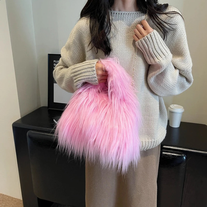 Soft Plush Women Winter Warm Shoulder Bags Phone Purse and Handbags Chain Crossbody Bag bolso Fashion Clutches Wallet 240814