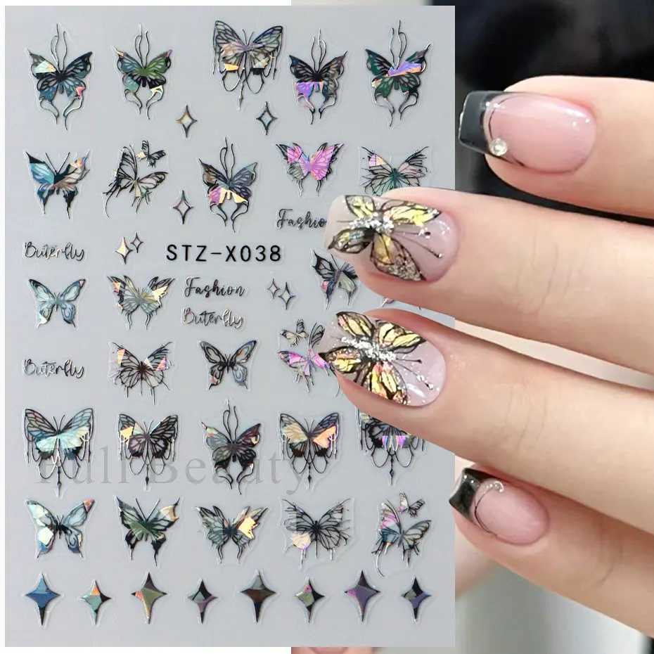 3D Holographic Black Butterfly Nails Slider Laser Self-adhesive Decals Dark Castle Tassels Designs Manicure Stickers Decor 2023XJ240814