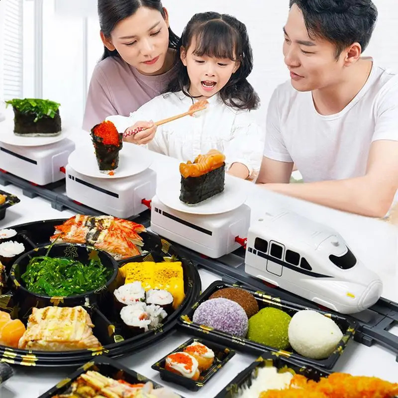Revolving Sushi Plates Train Toy Pretend Play Conveyor Belt Electric Track Rotary Rail Car Simulation Model Toys For Kids Gift 240812