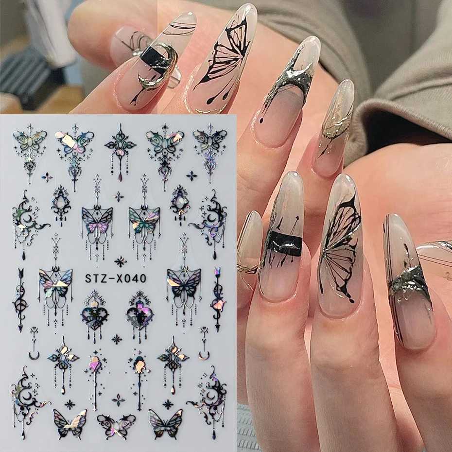 Metallic Black Butterfly Nail Stickers 3D Dark Style Charms Sliders Lace Ink Dream Catcher Moon Heart Star Foil Manicure TipsXJ240814