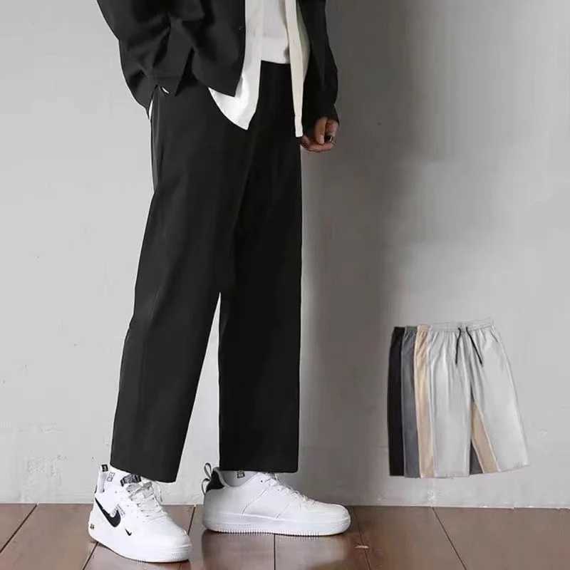 2024 Summer New Mens Trouser Elastic Mid Waist Drawstring Pocket Solid Color Loose Comfortable Casual Straight PantsW240725
