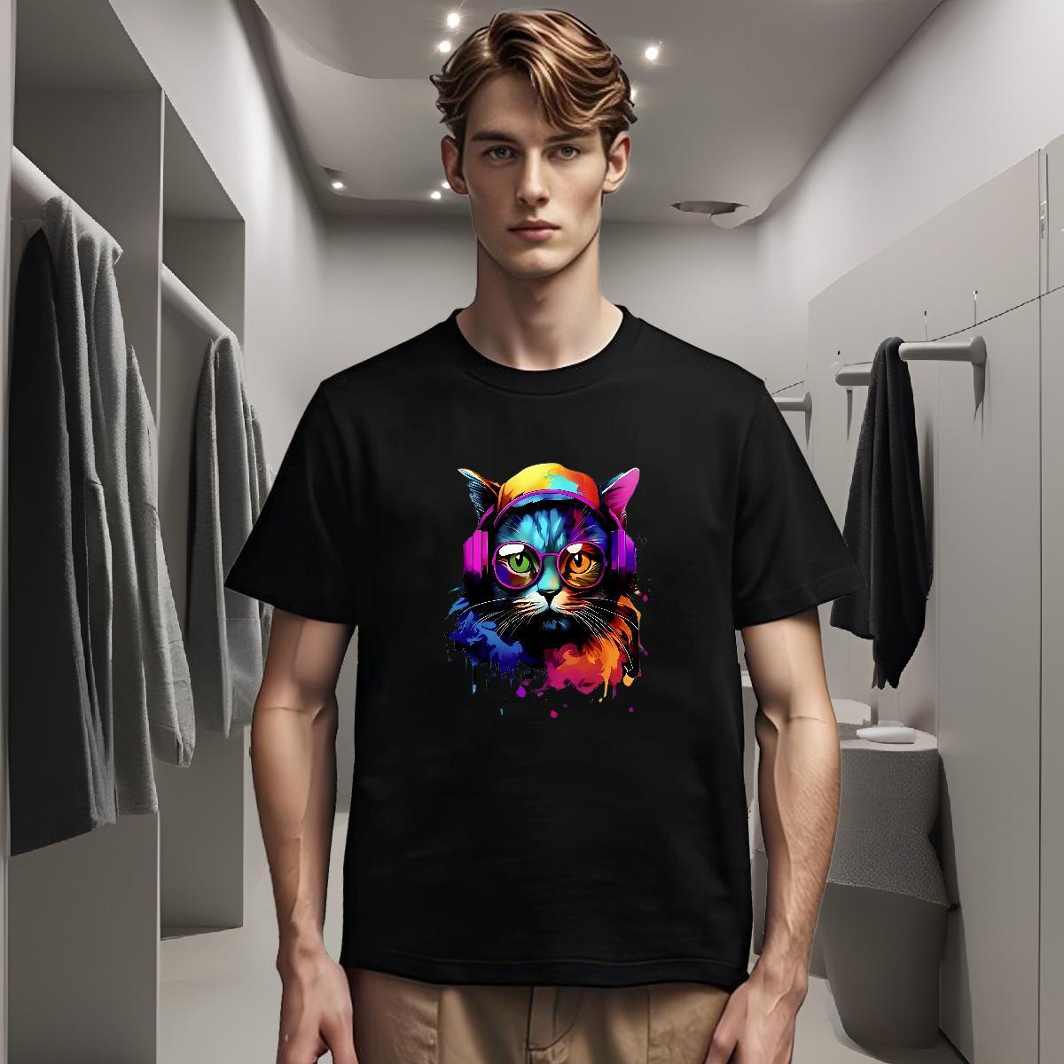 T shirt 230g Pure Cotton colorful cat Summer Casual Breathable Soft Black Oversized Men Tops Tees Factory Direct Loose Tops Shirt