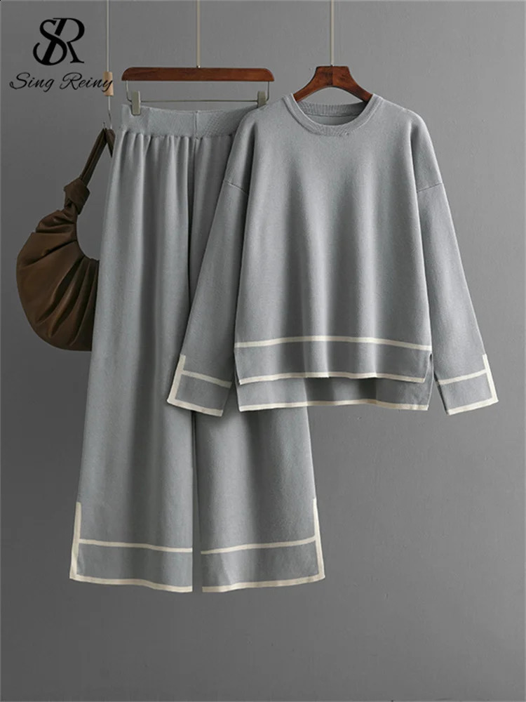 SINGREENY Fashion Knitted Set Womens Oneck Colorful Block Split TopHigh Waist Wide Leg Pants Casual Sweater 2PC 240809