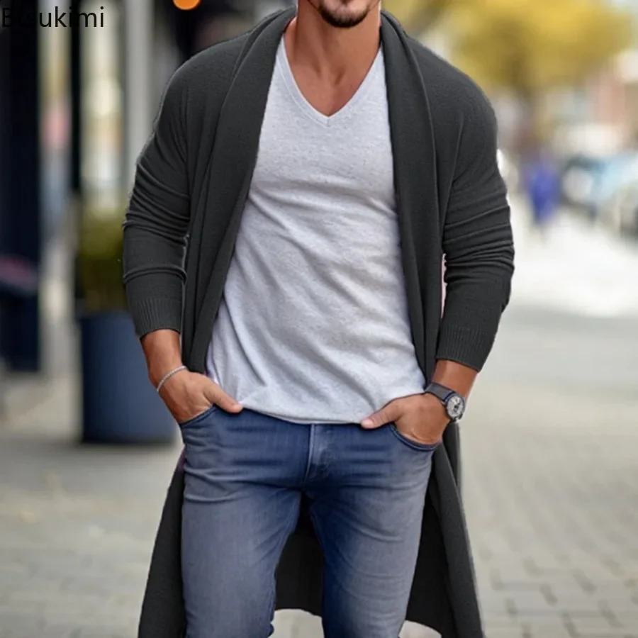 2024 Mens Thin Knitted Sweater Cardigans Solid High Quality Soft Long Woolen Coat Jacket for Men Spring Autumn Knitted Jacket 240816