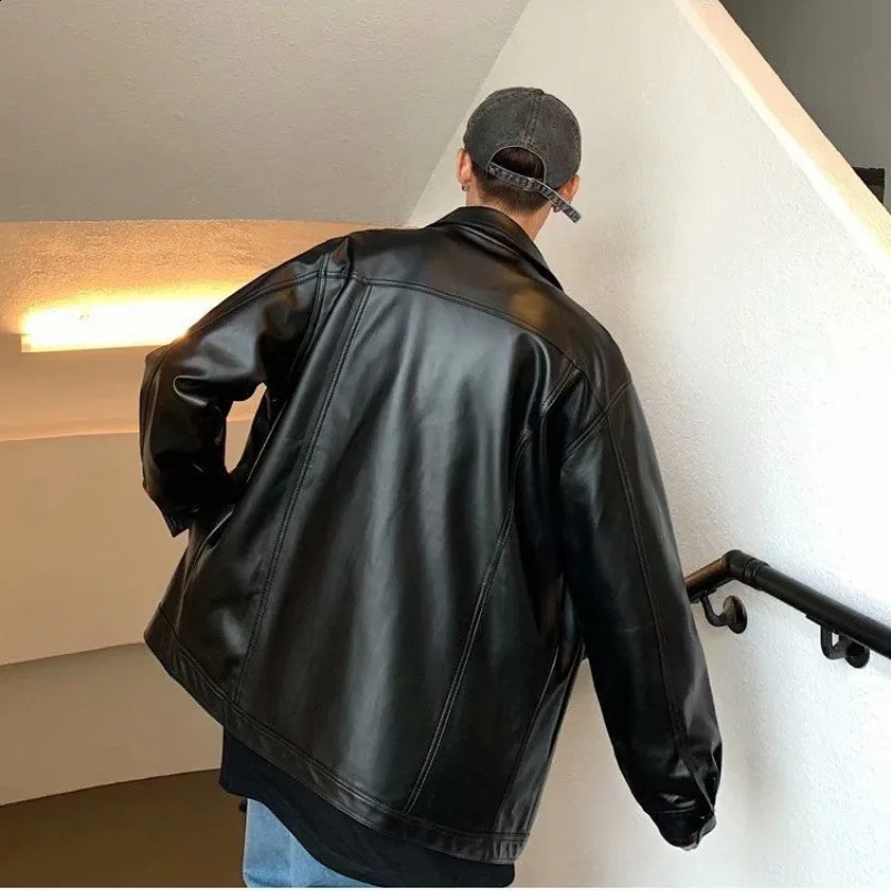 Autumn and Winter Mens Solid Polo Neck Button Pocket Loose Long Sleeve Leather Cardigan Jacket Fashion Casual Coat 240814