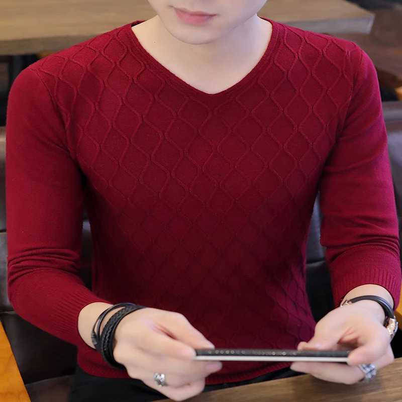 Mens New Simple Fashion V-neck Solid Color Slim Pullover Sweater Casual Long-sleeved Knitted ShirtXJ240814