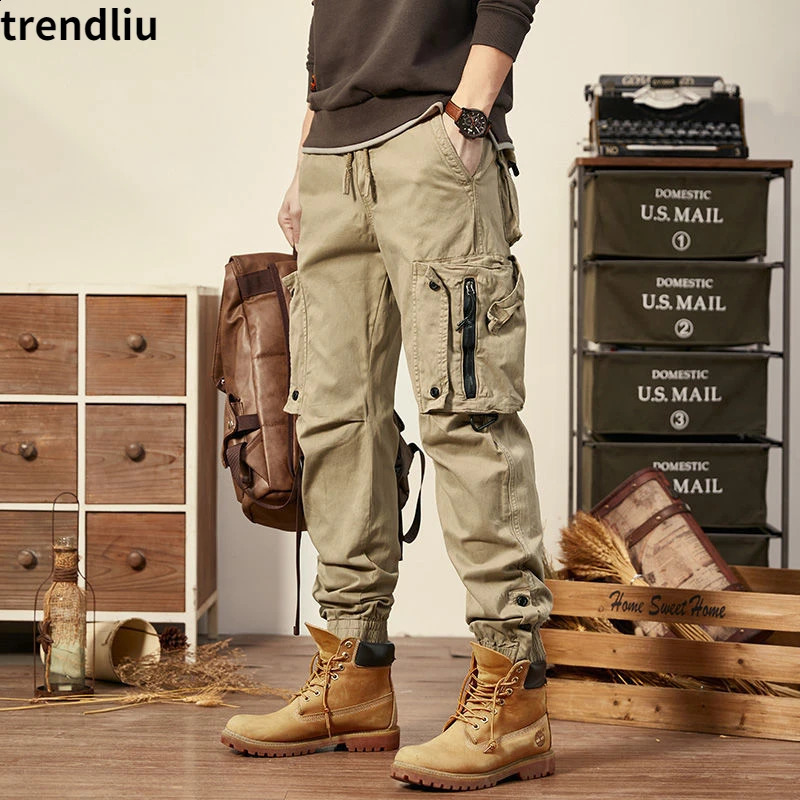 Spring Autumn Mens Cargo Pants Multi Pocket Khaki Trousers Casual Military Cotton Pants Men Plus Size Pantalon Cargo Homme 240812