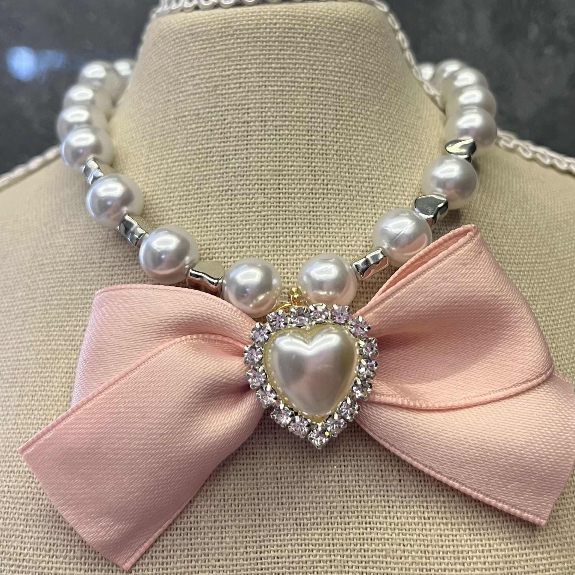 New Dog Pet Colorful Collar Cat Collar Cute Pearl Decorative Necklace Day Bow Bow Neck Ornament