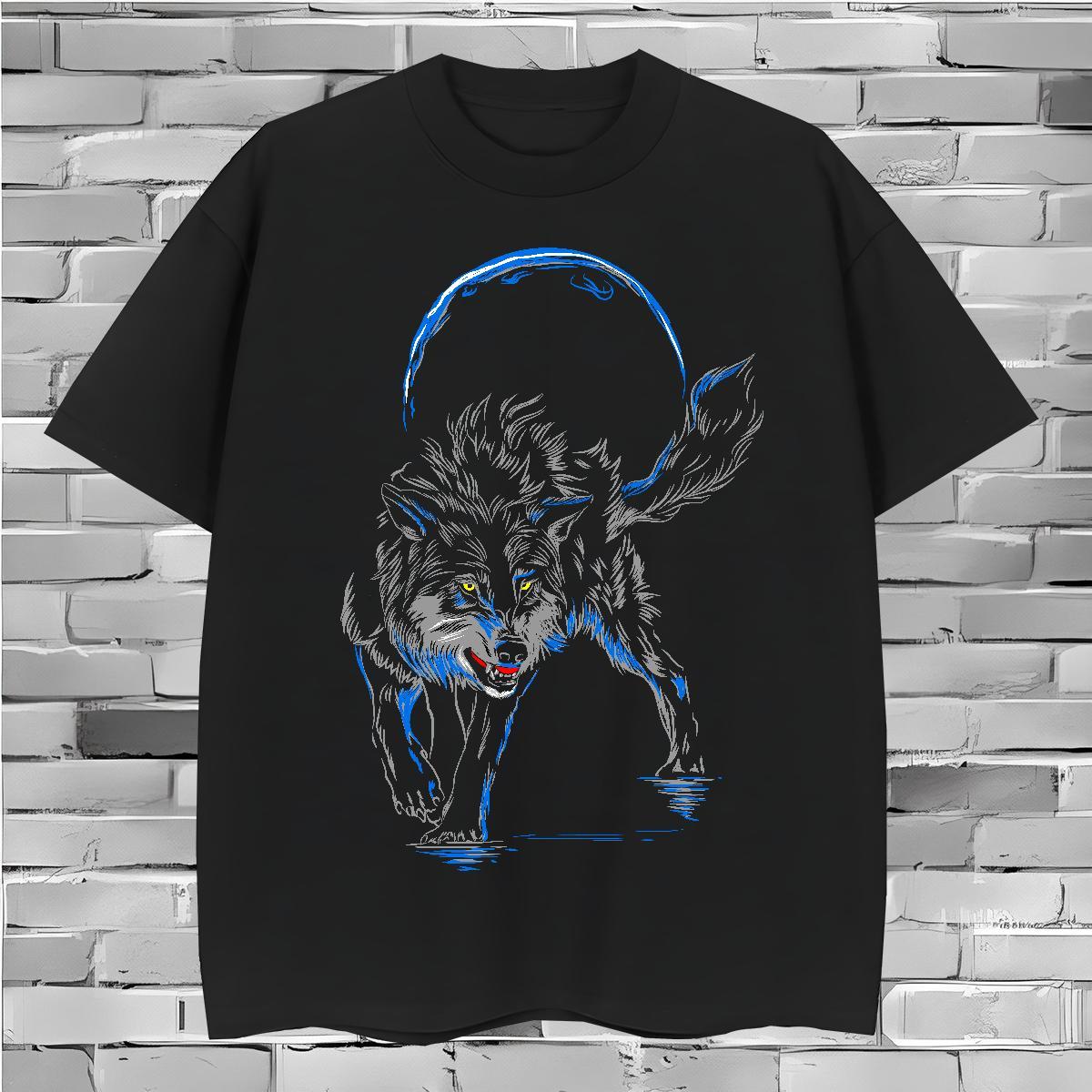Loose Fit T shirt wolf Short Sleeve O-Neck Outdoor Floral Print 100% Cotton 230g Tshirts 2024 Top Tees