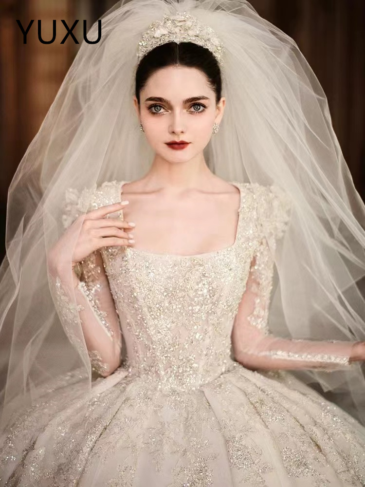 White Wedding Dresses Ivory Bridal Gowns princess ball gown Applique Custom sexy heart backless Plus Size New sweep trrain Long Sleeve Illusion square