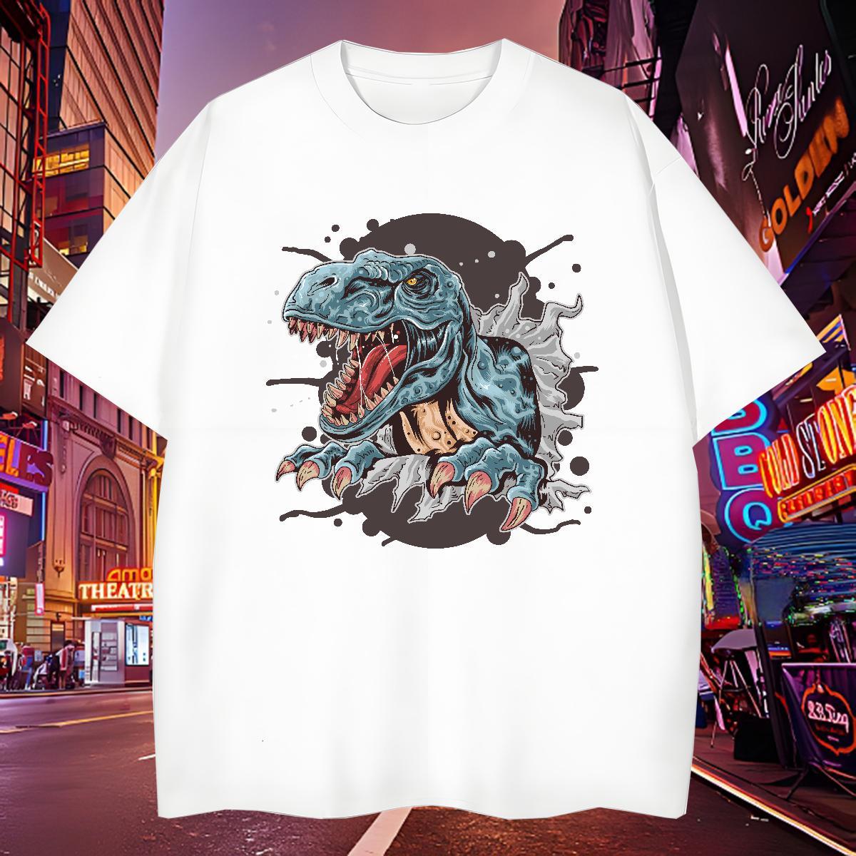 Loose Fit T-Shirts for Men dinosaur Breathable Crew Neck Beach Asian Size 230g Pure Cotton Mens Tshirts 2024 Designer Tops