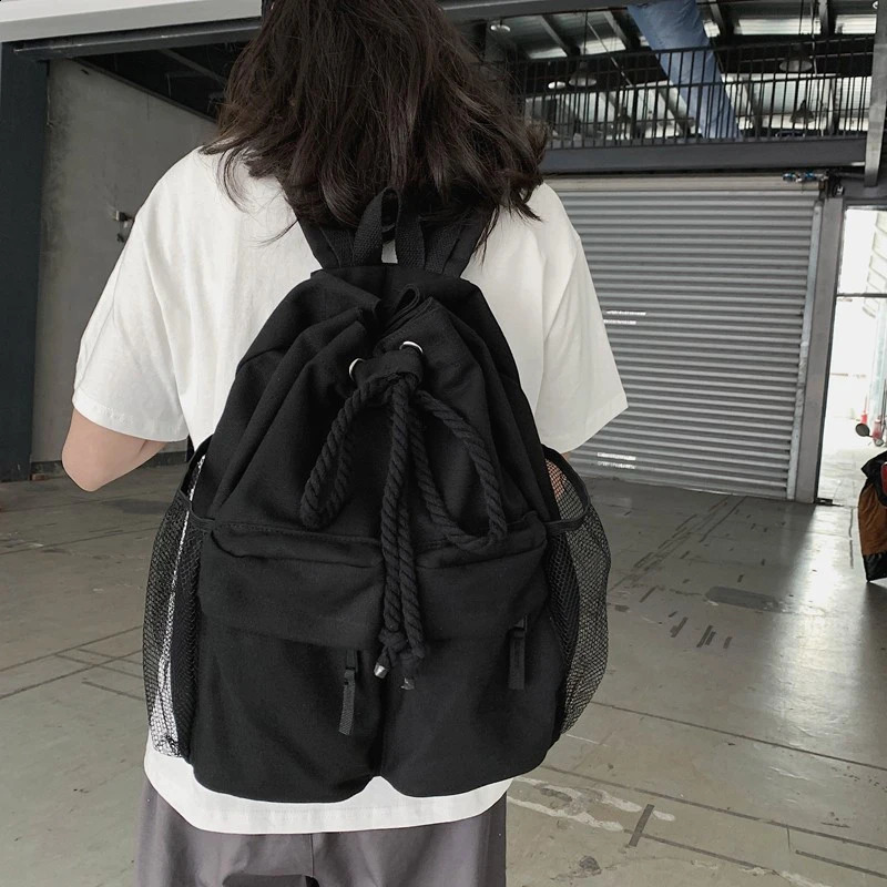 Drawsting Backpacks For Women Casual Canvas Lady Light Weight Students Shoulder Bag Large Capacity Travel Rucksack 240814