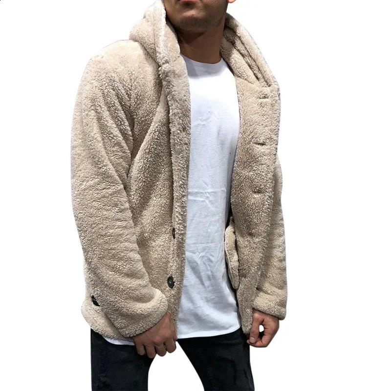 Mens Teddy Bear Fleece Coat Cardigan Winter Warm Hooded Coat Fashion Solid Color Long Sleeve Pocket Button Hooded Warm Coat 240814