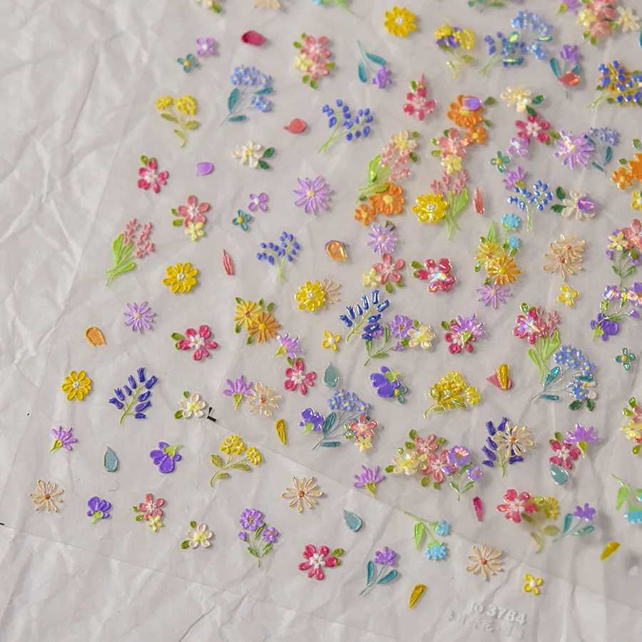 Colorful Sparkling Glass Fragment Spring Wildflowers High Quality Adhesive Flash Nail Stickers Art Decorations Design T-3784XJ240814